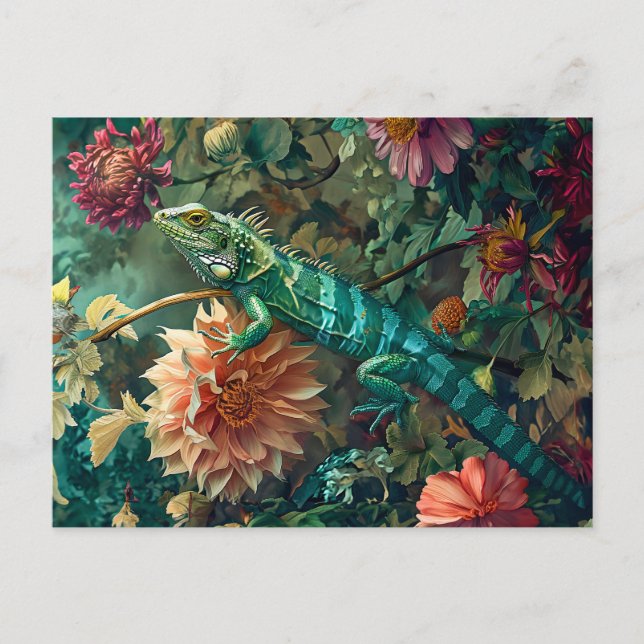 Lizard between Dahlia Blooms Garden Illustration Postkarte (Vorderseite)