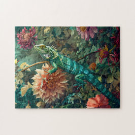 Lizard between Dahlia Blooms Garden Illustration Puzzle