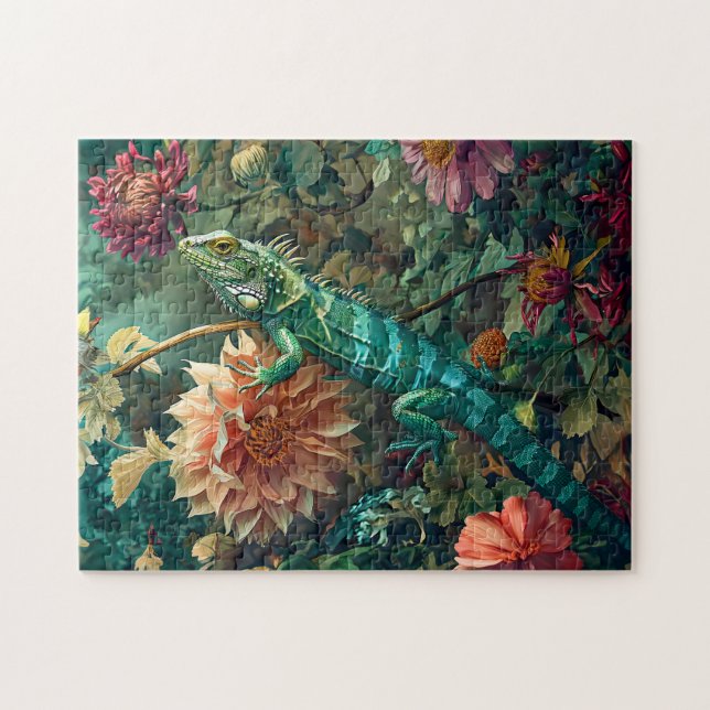 Lizard between Dahlia Blooms Garden Illustration Puzzle (Horizontal)