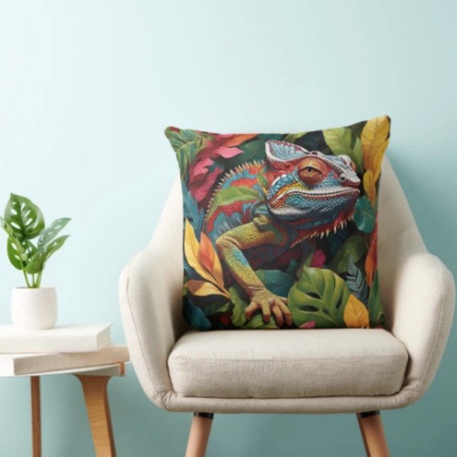 Lizard-Blätter und Farbe Kissen (Colourful Lizard Tropical Jungle Art pillow high quality 100% polyester hidden zipper enclosure. )