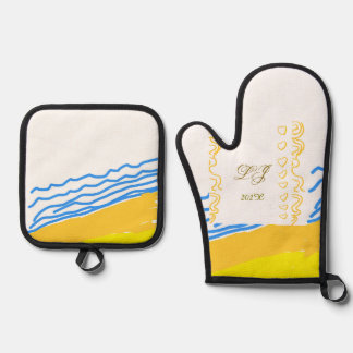 LJ Monogram Elegant Modern Wedding Beach Heart Ofenhandschuh & Topflappen-Set