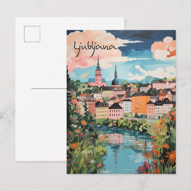 Ljubljana Slovenia Travel City Painting Aesthetic Postkarte (Vorne/Hinten)