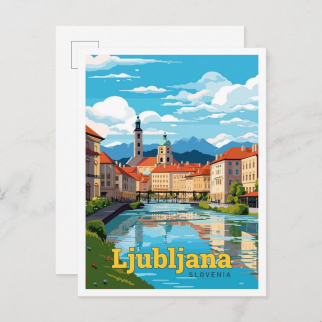 Ljubljana Slowenien Reisen Kunst, Vintage Illustra Postkarte (Vorne/Hinten)