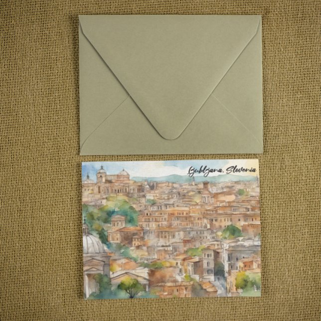 Ljubljana Slowenien Silhouette Aquarellmalerei Postkarte (Ljubljana Slovenia Silhouette Watercolor Painting)