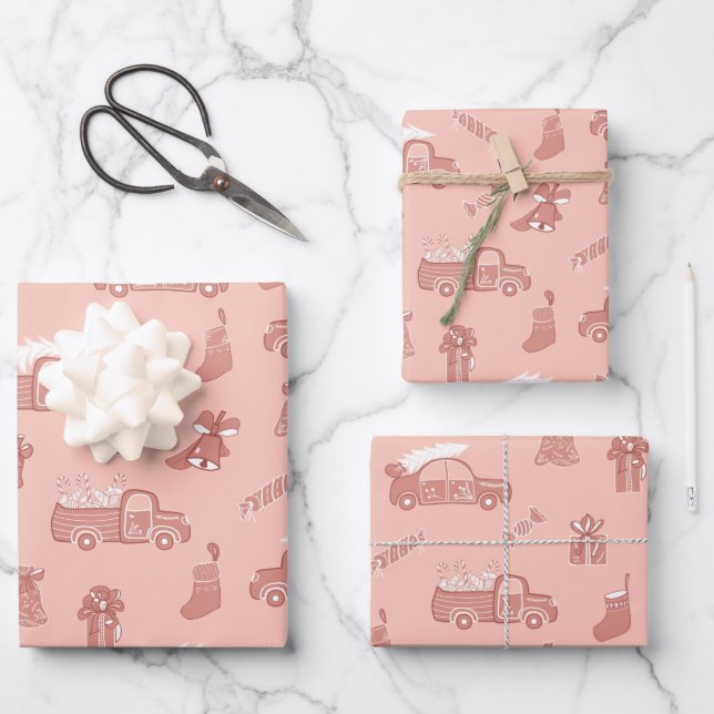LKW Bells Muster Rose Pink Weihnachten Geschenkpapier Set (Vorderseite)