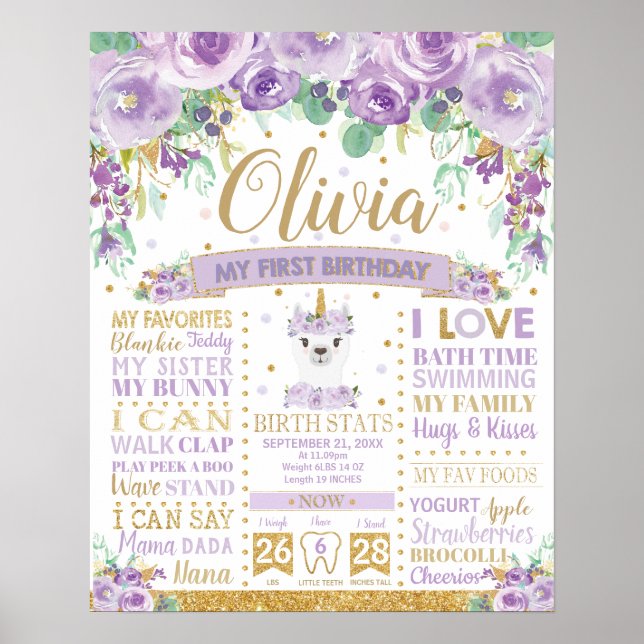 Llama 1. Geburtstag Meilenstein Birth Stats Floral Poster (Vorne)