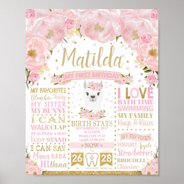 Llama 1. Geburtstag Meilensteine Geburtsstunde Unt Poster (Vorne)