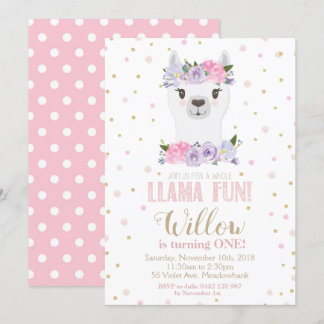Llama 1. Geburtstag Pink Lila Floral Girl Einladung