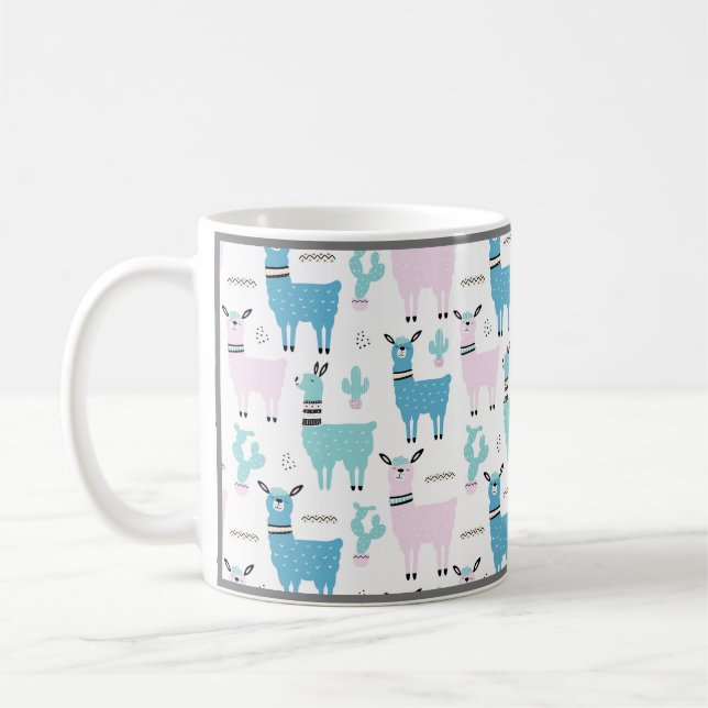 Llama Alapaca Animal Blue Pink Animals Grau Trim Kaffeetasse (Links)