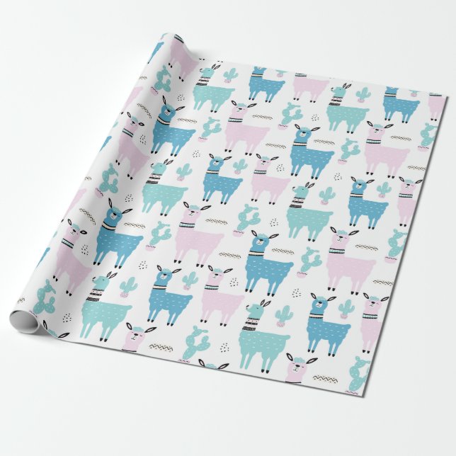Llama Alapaca Blue Pink Baby Dusche Geburtstag Geschenkpapier (Ungerollt)