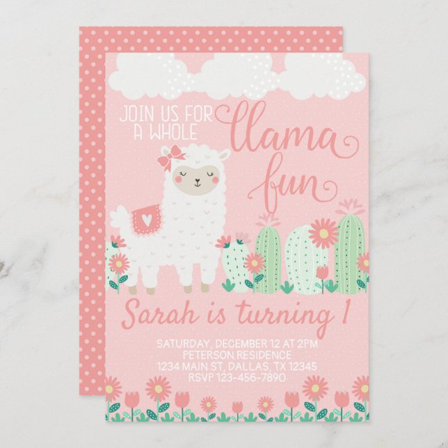 Llama Alpaca Geburtstagsparty Einladung (Vorne/Hinten)