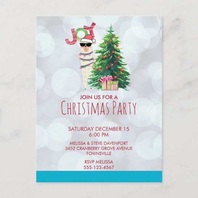 Llama auf Silver Bokeh & Icy Blue Weihnachts-Party Postkarte (Vorderseite)