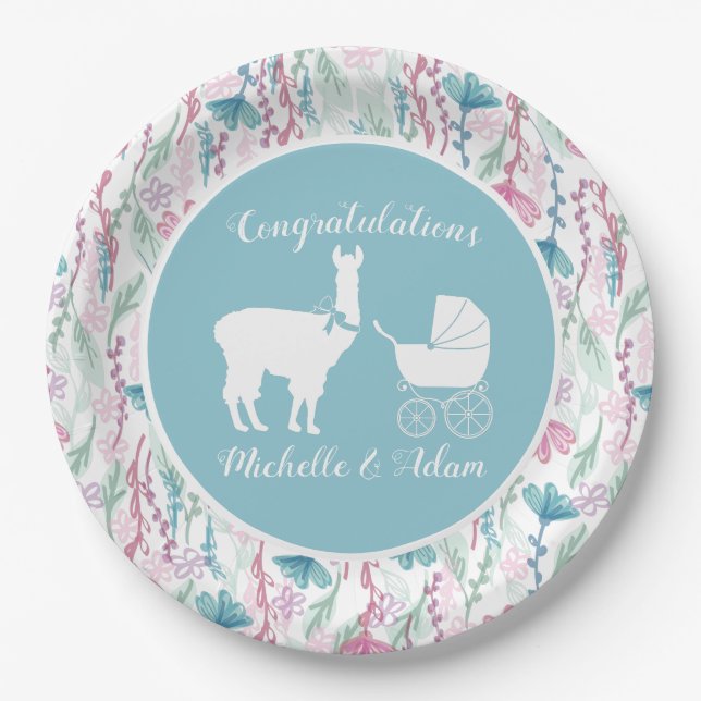 Llama Baby Shower Niedlich Blue Boy Pappteller (Vorderseite)