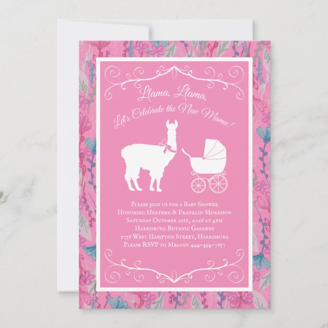 Llama Baby Shower Niedlich Pink Girl Mama Einladun Einladung (Vorderseite)