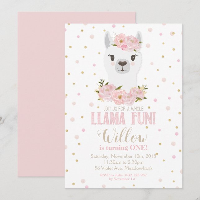Llama Birthday Einladung Blush Floral Girl (Vorne/Hinten)