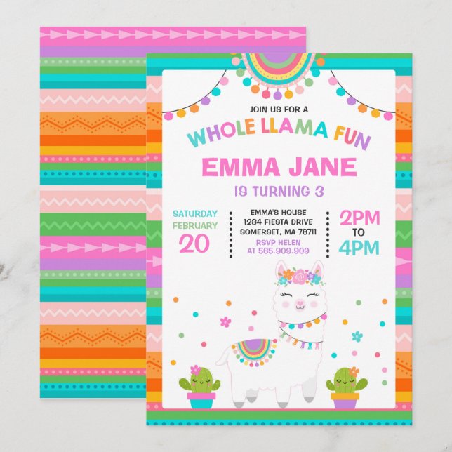 Llama Birthday Einladung Ganzes Llama Fun Party (Vorne/Hinten)