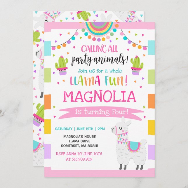 Llama Birthday Einladung Ganzes Llama Fun Party (Vorne/Hinten)