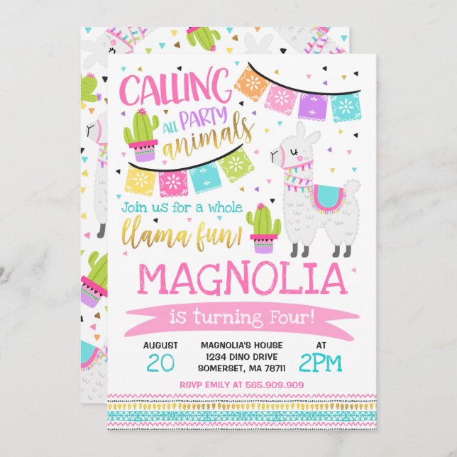 Llama Birthday Einladung Ganzes Llama Fun Party (Vorne/Hinten)