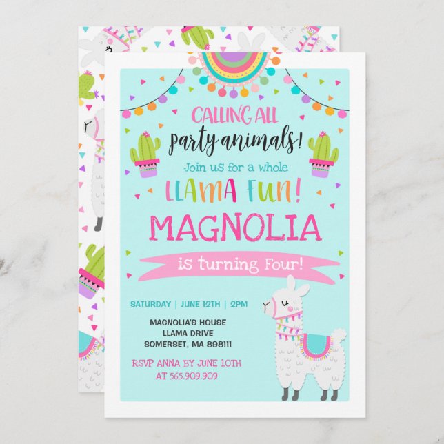 Llama Birthday Einladung Ganzes Llama Fun Party (Vorne/Hinten)
