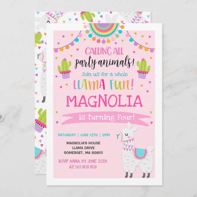 Llama Birthday Einladung Ganzes Llama Fun Party (Vorne/Hinten)