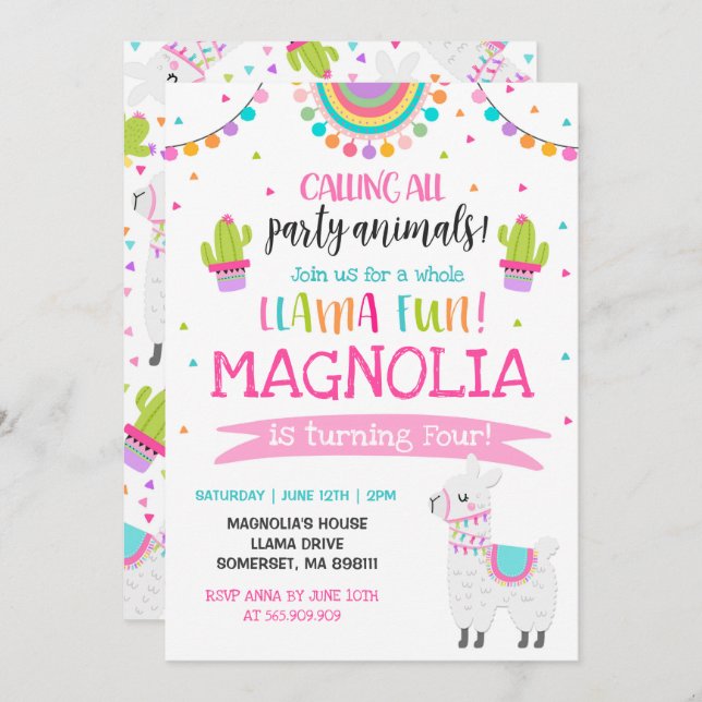 Llama Birthday Einladung Ganzes Llama Fun Party (Vorne/Hinten)