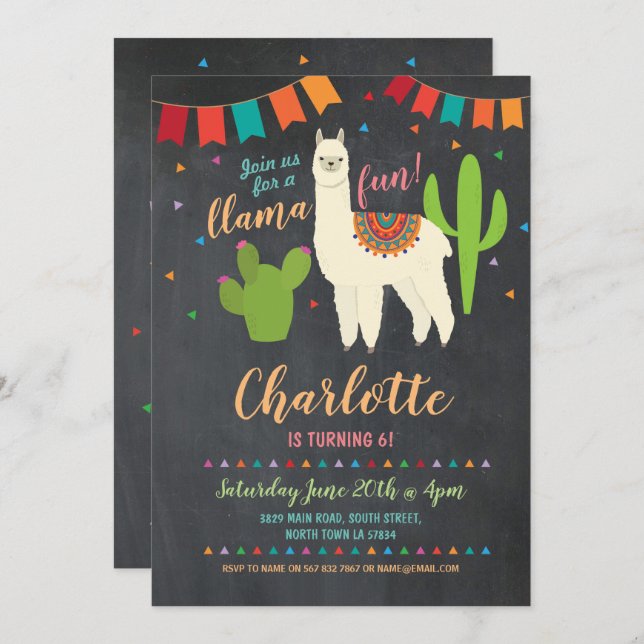 Llama Birthday Party Cactus Girl's Fun Einladung (Vorne/Hinten)