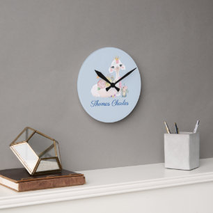 Llama Blue and White with Flowers Baby Name  Runde Wanduhr