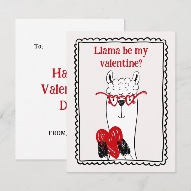 Llama By My Valentine Funny Kids Valentine's Day Mitteilungskarte (Vorne/Hinten)