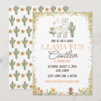 Llama Cactus Birthday Gold Glitzer Einladung
