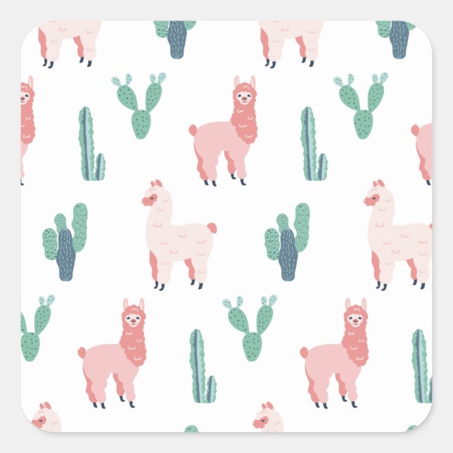 Llama Cactus Niedlicher Tiere Funny Pattern Square Quadratischer Aufkleber (Vorderseite)