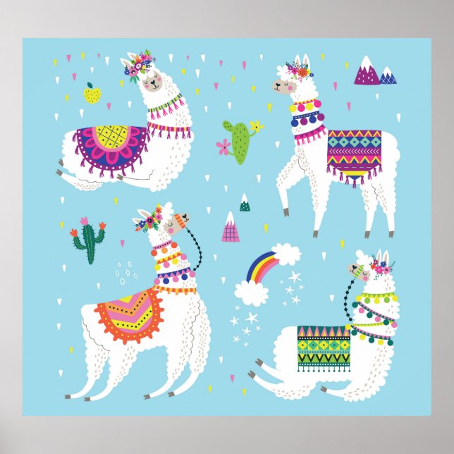 Llama & Cactus: Niedliches Vintages Set Poster (Vorne)