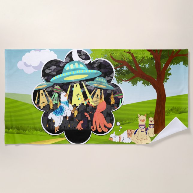 Llama Dreams Llama vs Evil Tintenfisch Epic Space  Strandtuch (Vorderseite)