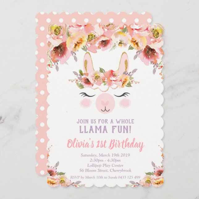 Llama Fun 1. Geburtstag Einladungen Girls Floral (Vorne/Hinten)