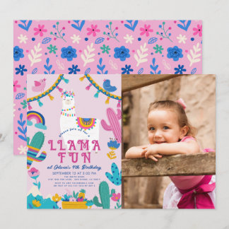 Llama Fun Alpaca Girl Pink Birthday Foto Einladung