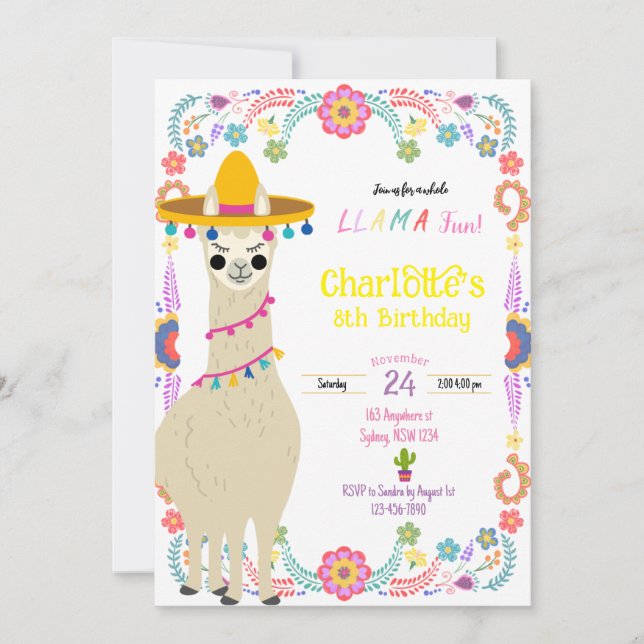 Llama fun fiesta Einladung zum Geburtstag (Vorderseite)