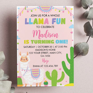 Llama Fun Girl Einladung zum 1. Geburtstag