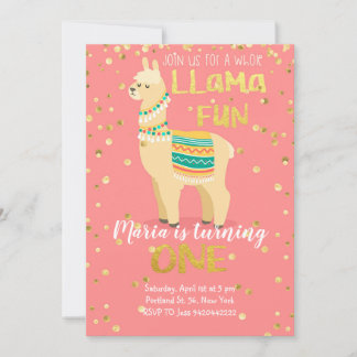 Llama Fun Gold und Pink zum Geburtstag Einladung