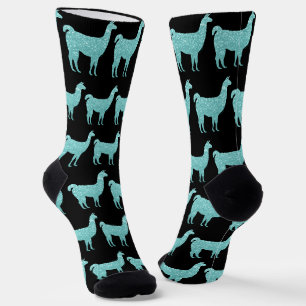 Llama Hell Türkis Glitzer Muster schwarz Socken