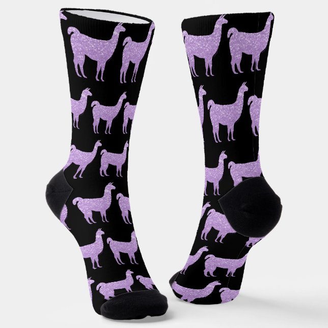 Llama Hellvioletter Glitzer Muster schwarz Socken (Gewinkelt)
