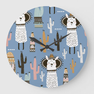 Llama, Kaktus, Handgezeichnete Elemente Muster. Große Wanduhr