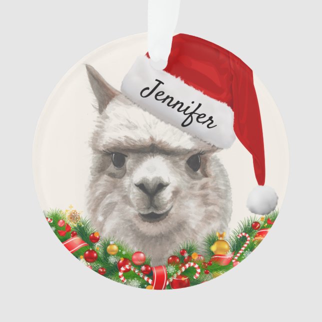 Llama lächelt Ihren Namen & Jahr Alpaca Weihnachte Ornament (Vorderseite)