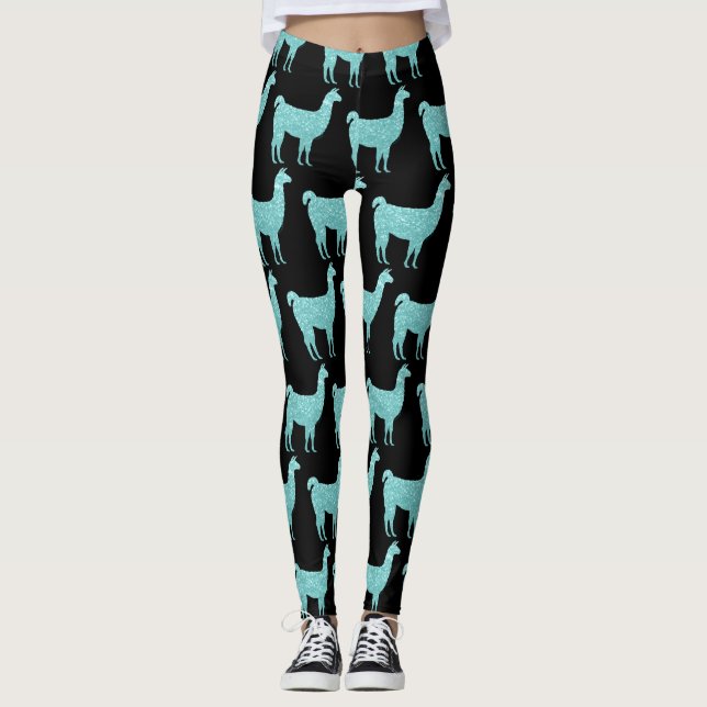 Llama Light Turquoise Glitzer Glitzern Leggings (Vorderseite)