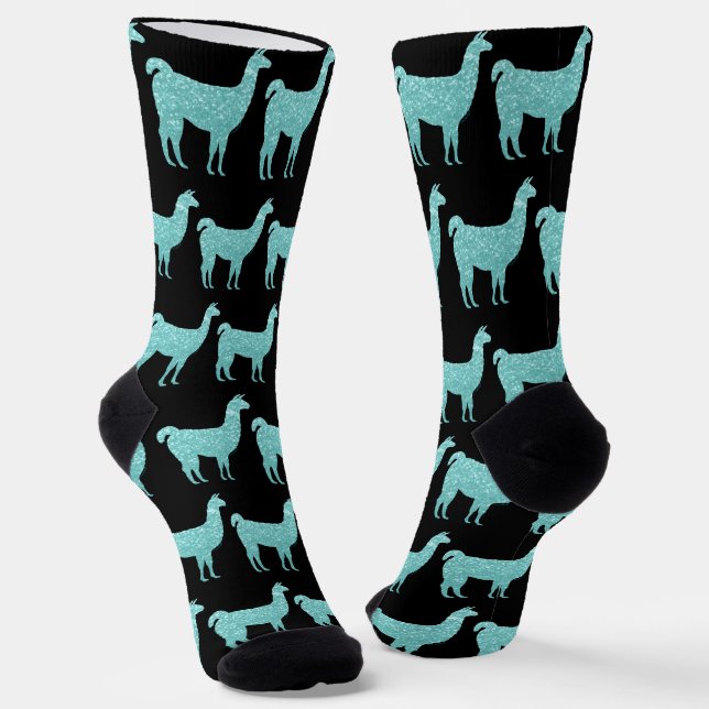 Llama Light Turquoise Glitzern muster schwarz Socken (Gewinkelt)
