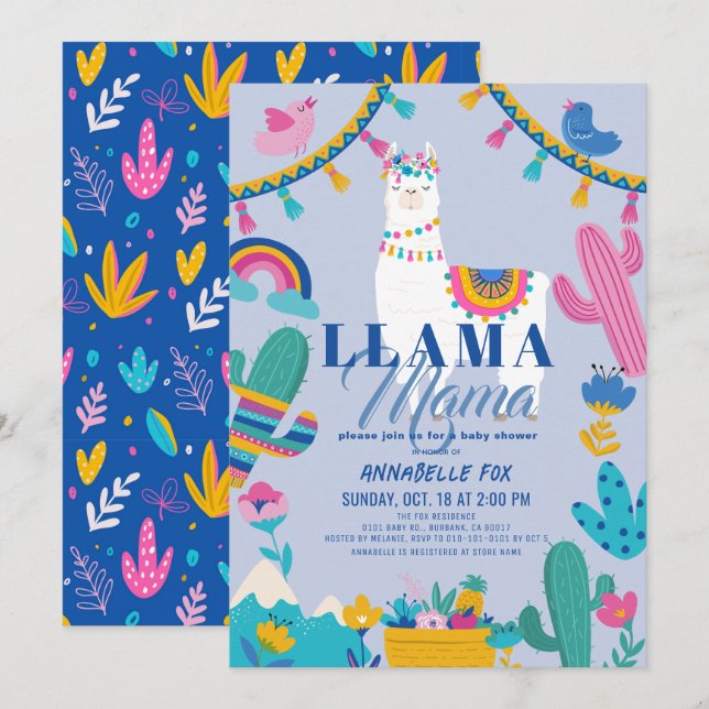 Llama Mama Alpaca Cactus Blue Boy Baby Shower Einladung (Vorne/Hinten)