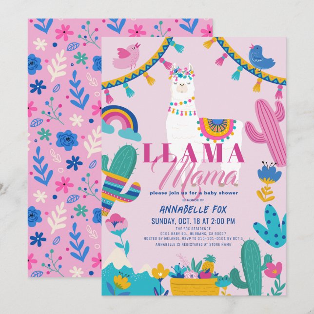 Llama Mama Alpaca Cactus Girl Pink Baby Dusche Einladung (Vorne/Hinten)