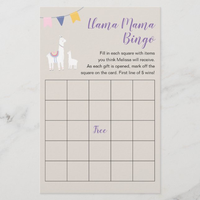 Llama Mama Niedlich Baby Shooter Bingo Game Flyer (Vorne)