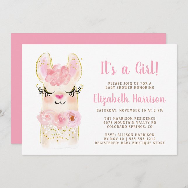 Llama Mama Pink Baby Girl Dusche Einladung (Vorne/Hinten)