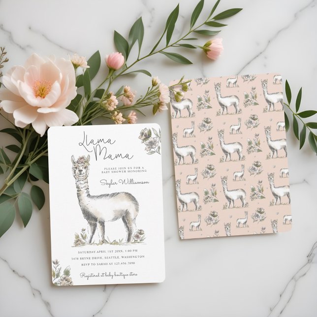 Llama Mamma Watercolor Llama Sketch Kinderdusche i Einladung (Llama Mamma Watercolor Llama Sketch Baby Shower In Invitation)