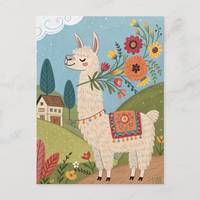 Llama mit Blumen Volkskunst Postkarte (Vorderseite)