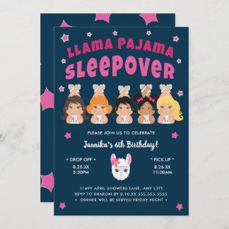 Llama Pajama Sleepover Hot Pink Navy Einladung